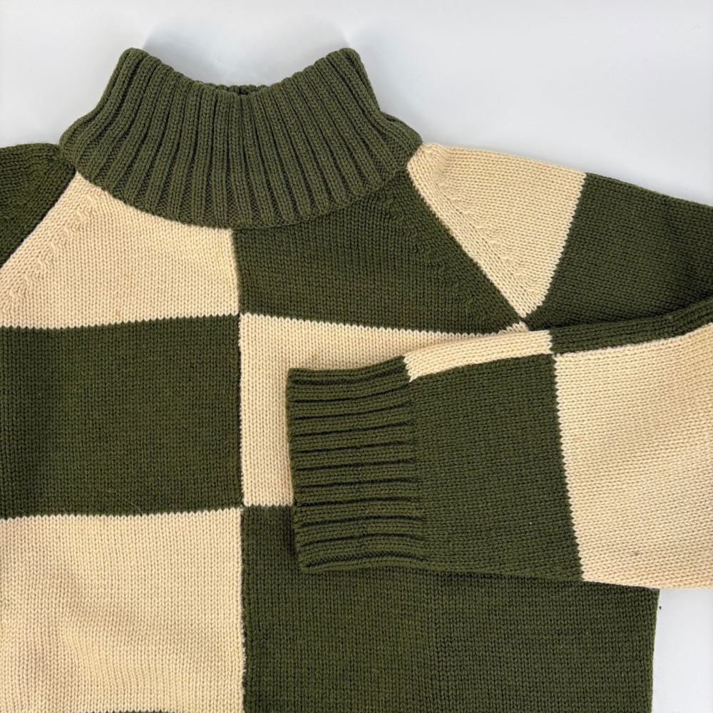 Vtg 60's Olive Green Cream Checkerboard Mock Nk Chunky Knit Raglan Womens S/M